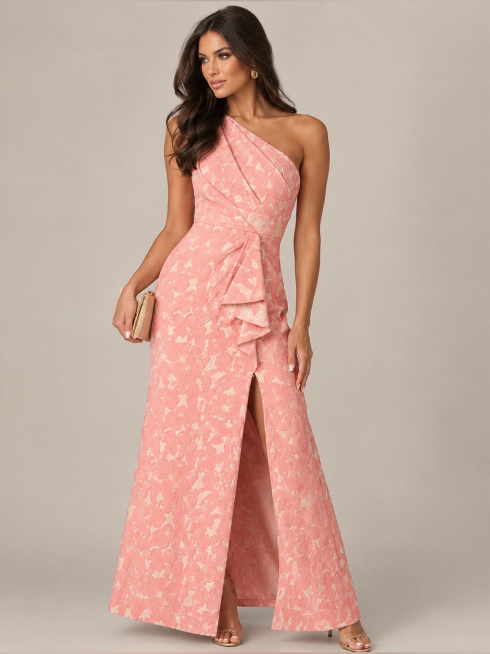 NWT Adrianna Papell One-Shoulder Floral Jacquard Maxi Gown Size 6P $269.00